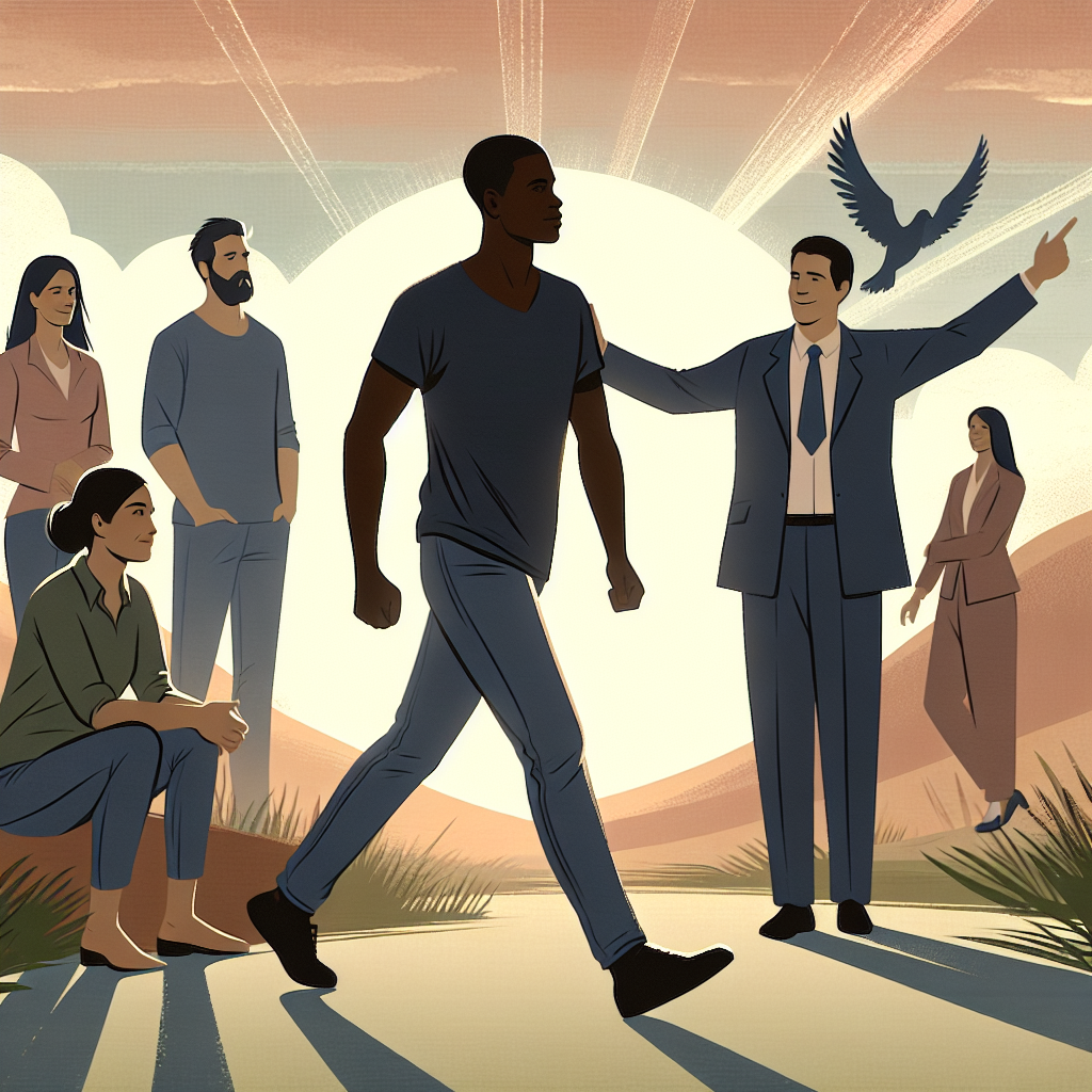 A calm and supportive environment representing recovery, with a person confidently walking forward, surrounded by supportive figures.