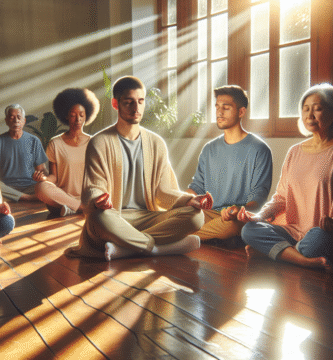 A serene therapy session with a diverse group practicing mindfulness in a sunlit room.