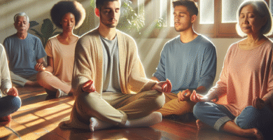 A serene therapy session with a diverse group practicing mindfulness in a sunlit room.