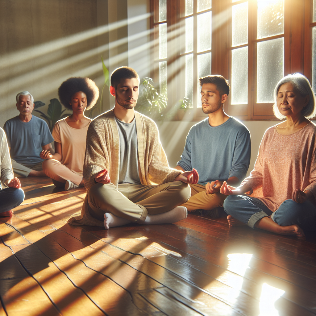 A serene therapy session with a diverse group practicing mindfulness in a sunlit room.