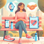 En rolig, optimistisk scene: en person på en solrik byparkbenk med telefon og notatblokk, symboler for støtte (håndtrykk), helse (vannflaske, joggesko) og teknologi (smarttelefonikon), myke farger.