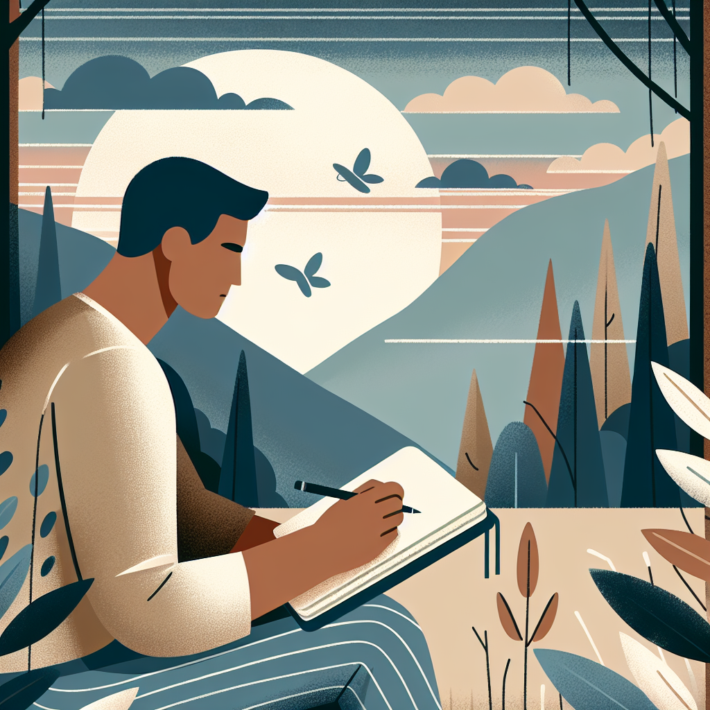 Illustrasjon av rolig hverdagsmestring: en person i naturlandskap som noterer i en journal, dempet fargepalett, moderne nordisk stil, fokus på terapi og mental helse